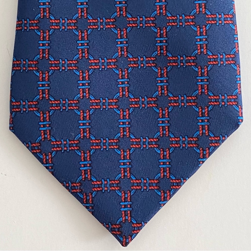 Rare Vintage HERMÈS Paris 668 OA Blue & Red Patterned 100% Silk Tie Necktie